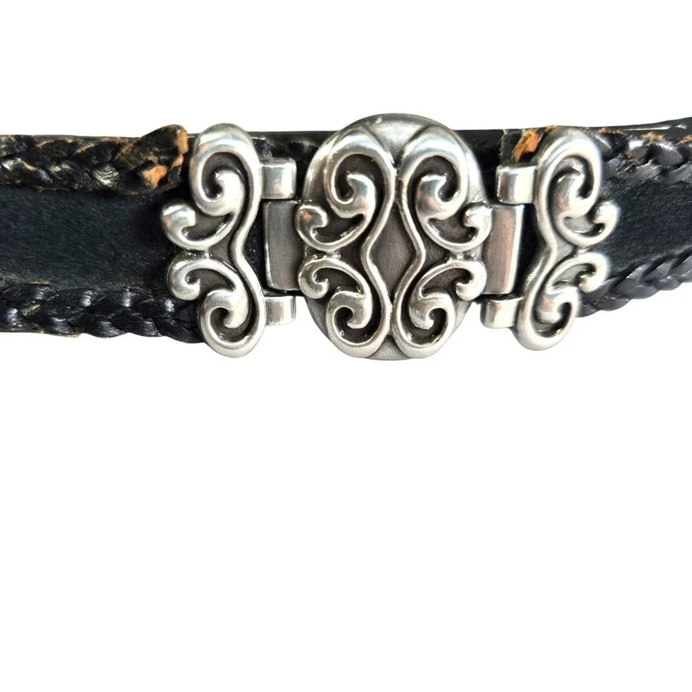 Coldwater Creek Black Leather‎ Braided Belt Silver Floral Buckle Plus Size 2X